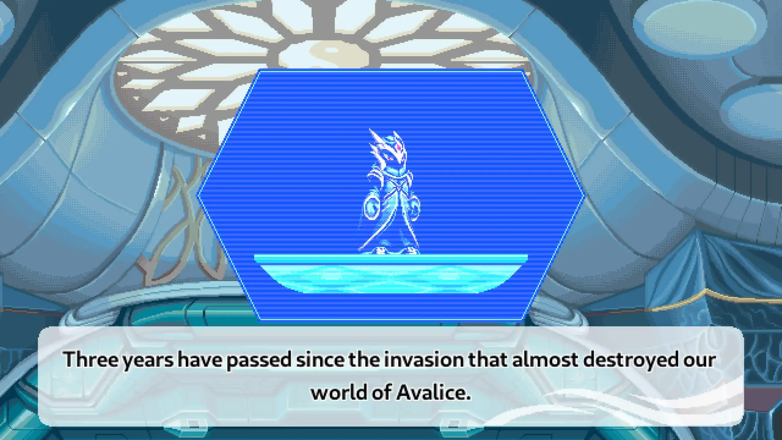 A blue hologram from the databank in Freedom Planet 2. A dialogue box below the hologram reads: "Three years have passed since the invasion that almost destroyed our world of Avalice"