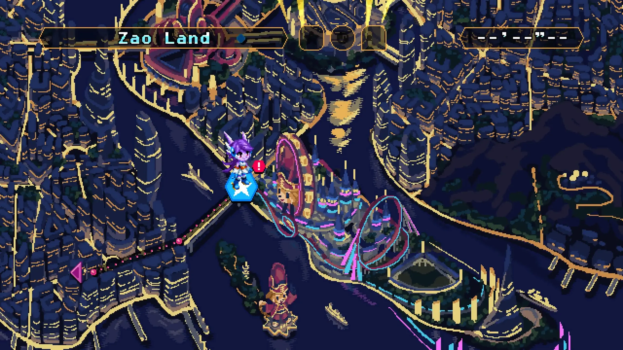 A map area from Freedom Planet 2 featuring a light up night time cityscape in an area called Zao Land