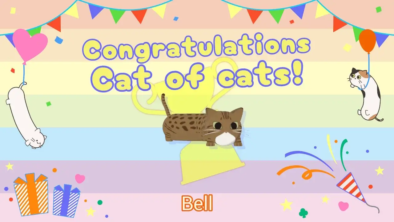 screenshot showing the winning screen of a horizontal striped rainbow screen. a banner of colourful flags is across the top with "congratulations cat of cats!" in the centre and the winning Cat called Bell below.