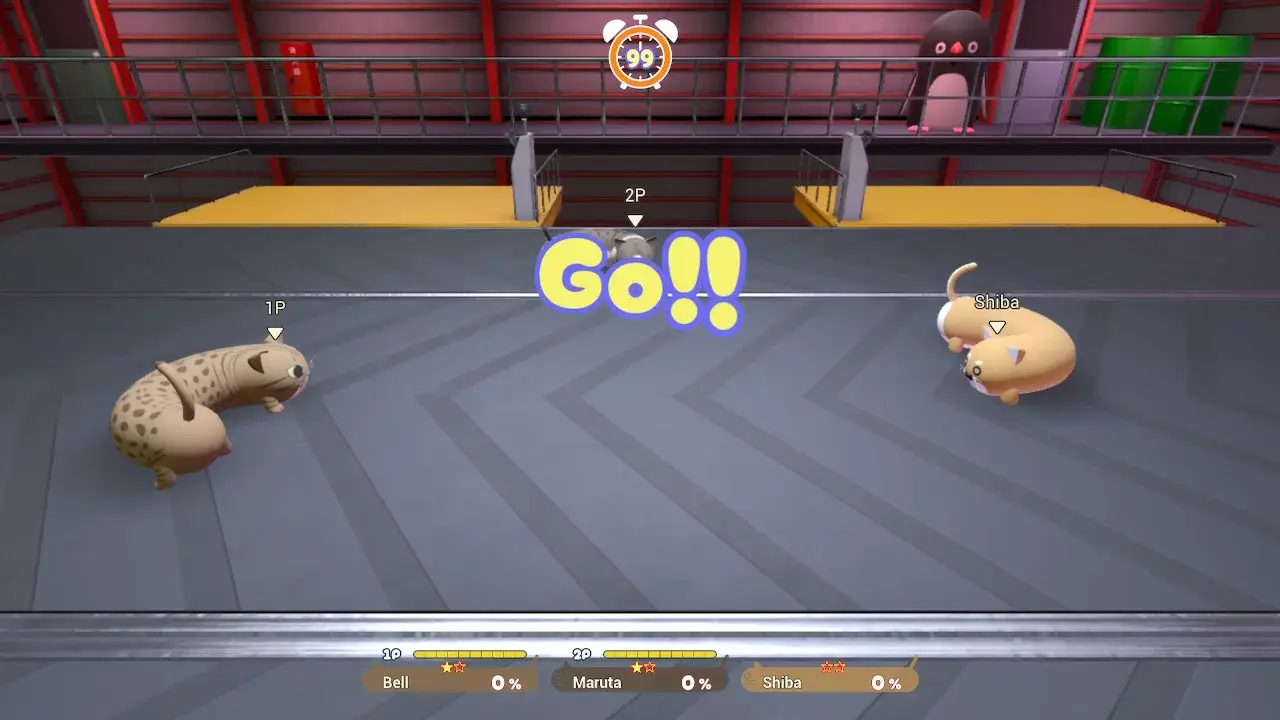 screenshot showing the factory level with 2 grey conveyor belts running horizontally. In the centre are cats fighting.