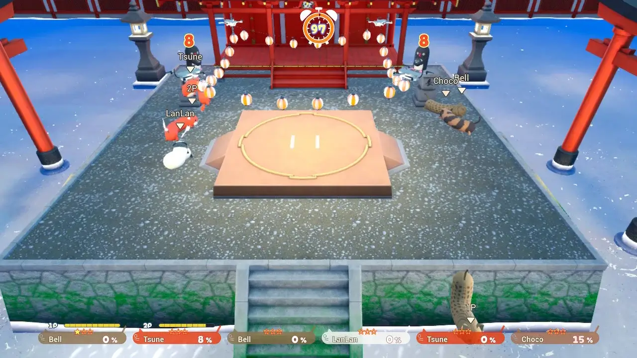 screenshot showing a dojo arena with a grey floor and a red temple. in the centre is a brown mat.