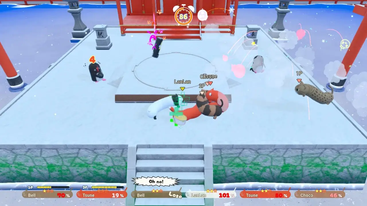 screenshot showing a match in progress. The ground is white and a red temple is behind. A penguin holds onto a bomb and is walking towards the fight.
