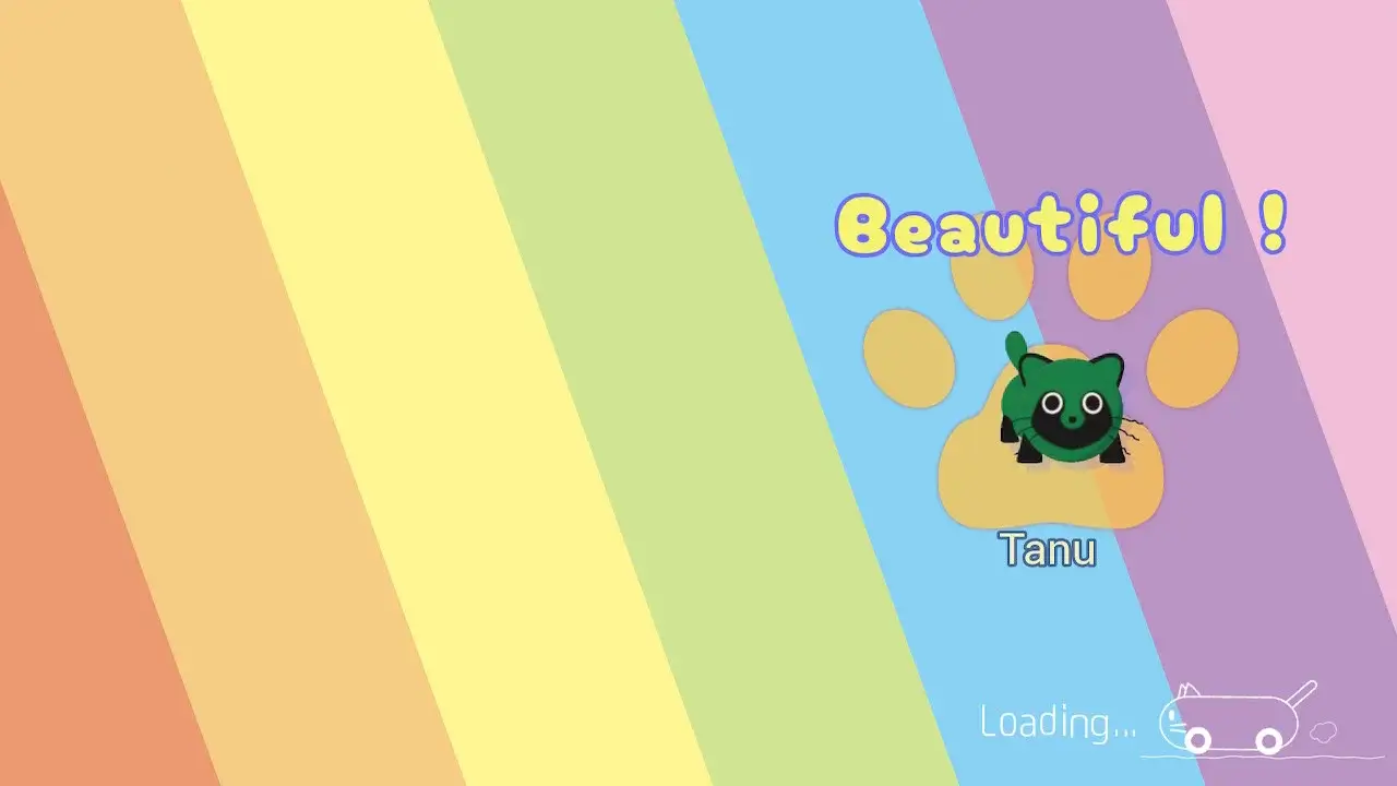 screenshot showing a rainbow striped screen with the word "beautiful" written with a green cat below.