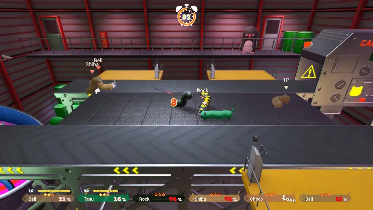 screenshot showing the factory level with 2 greyconveyor belts running horizontally. In the centre are cats fighting.