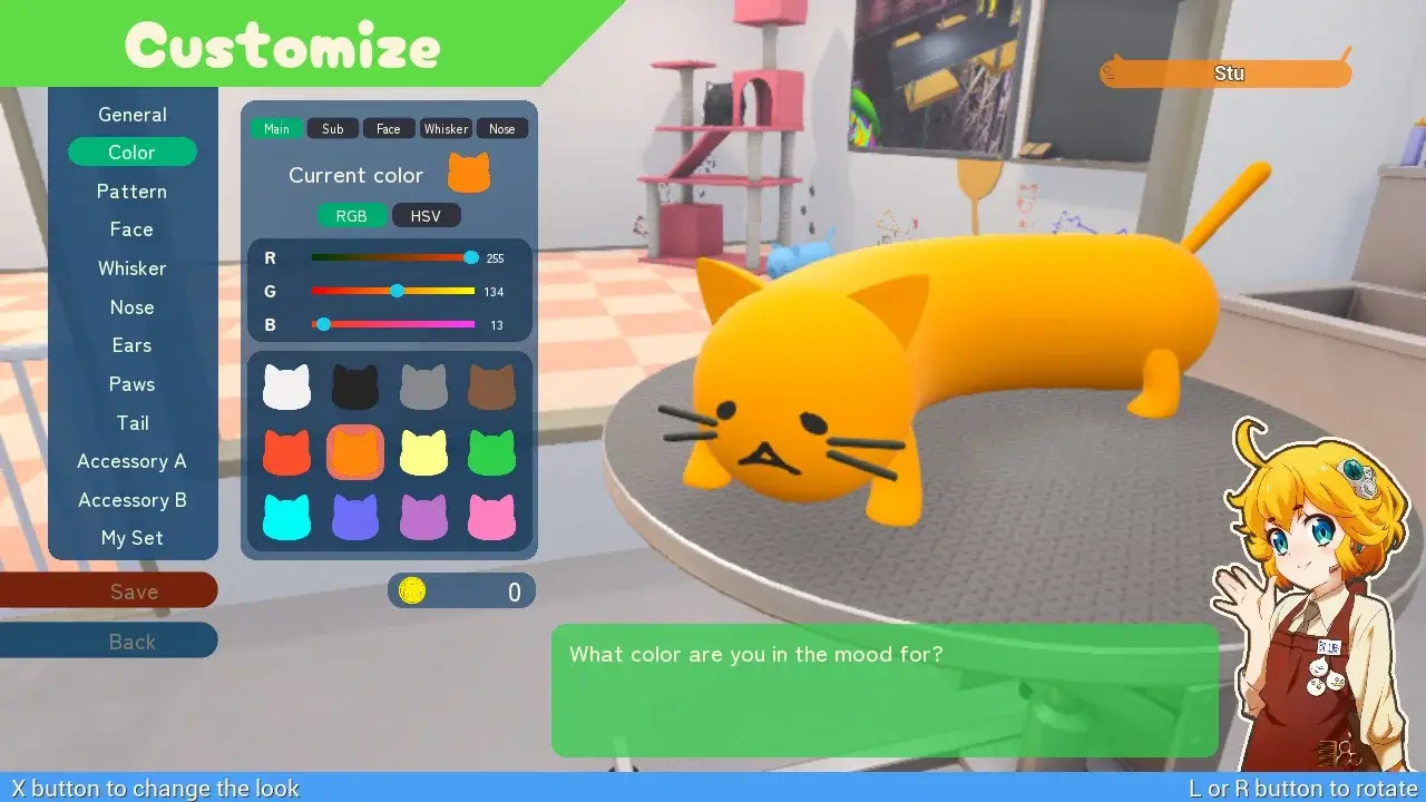 screenshot showing customisation options for your Nyanvy. The cat is orange and named Stu