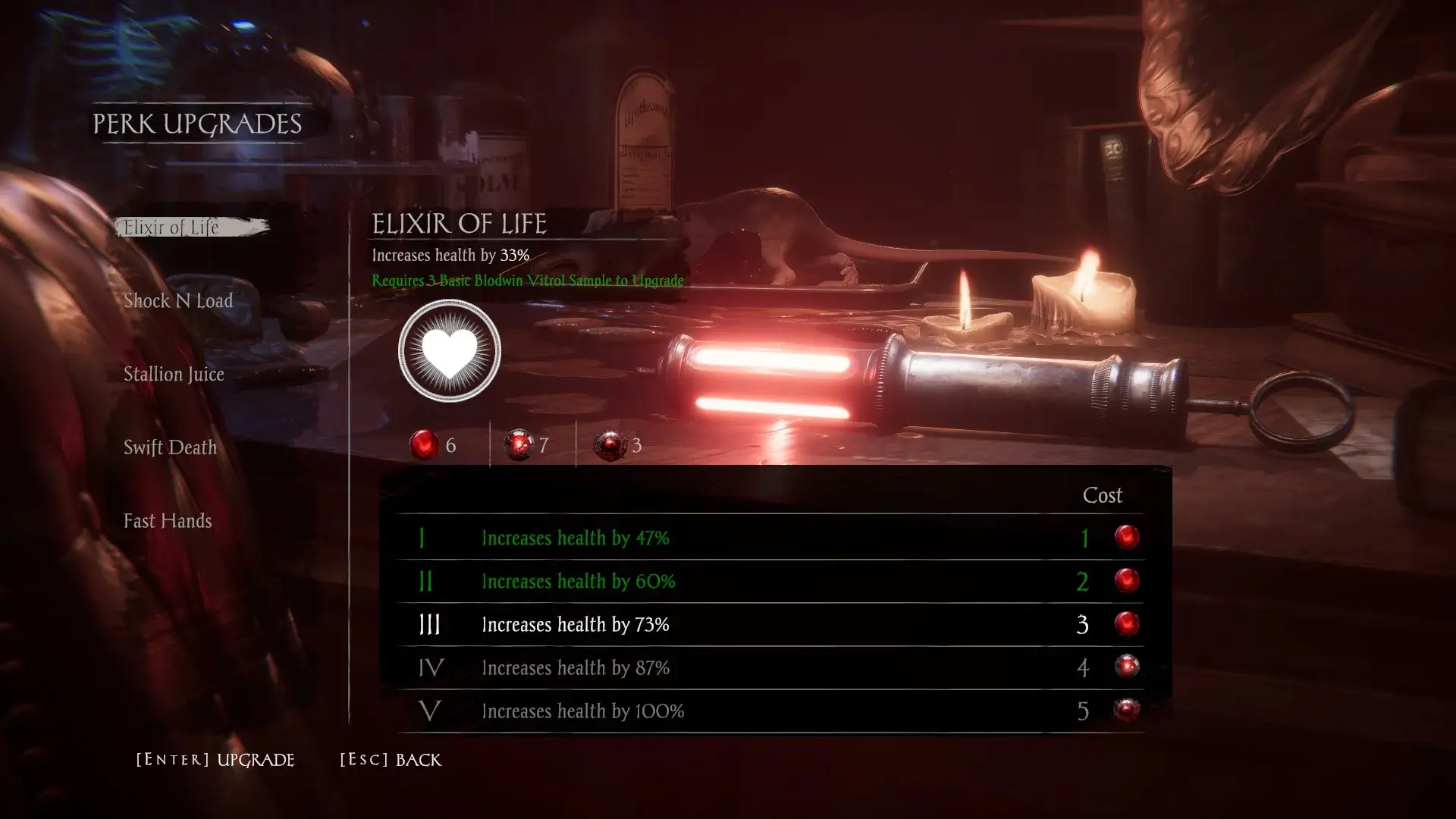The perk menu found in the game. The item on the table glowing red is a syringe that the player uses. Below is the upgrade list and how many upgrade points I have. I have purchased two of the five upgrades for the perk "Elixer of Life.