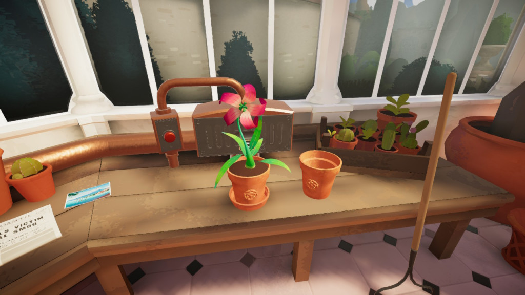 screenshot showing a red flowered plant that has grown in a brown clay pot. It sits on a brown workbench within a large greenhouse that has a tile floors.