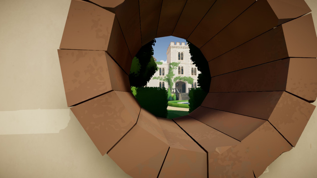 screenshot showing a view through a porthole within the brick garden wall. The framed view is of the manor house.