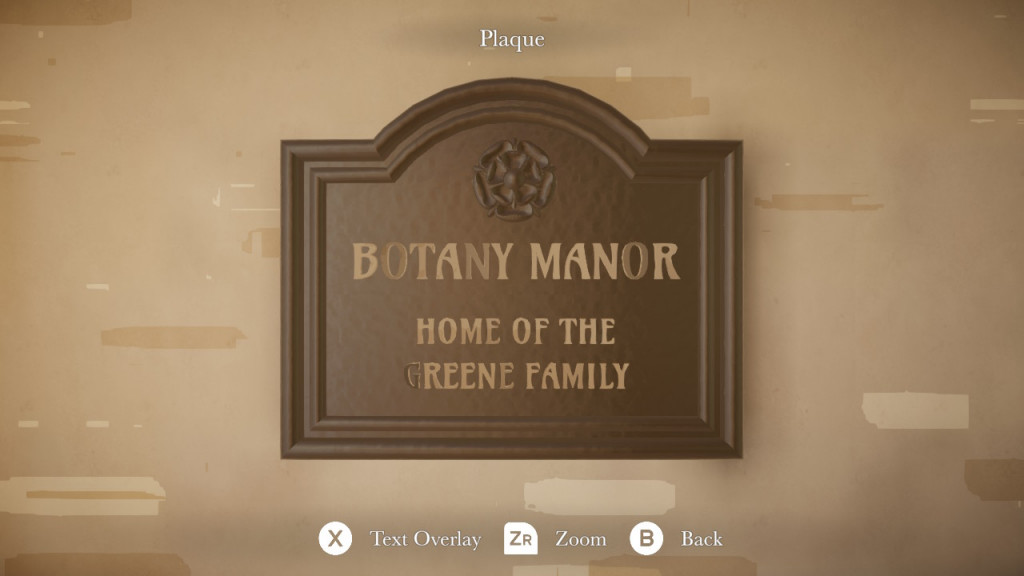 screenshot showing a brown plaque on the brick wall. Written on it in gold writing is "Botany Manor, Home of the Greene Family"