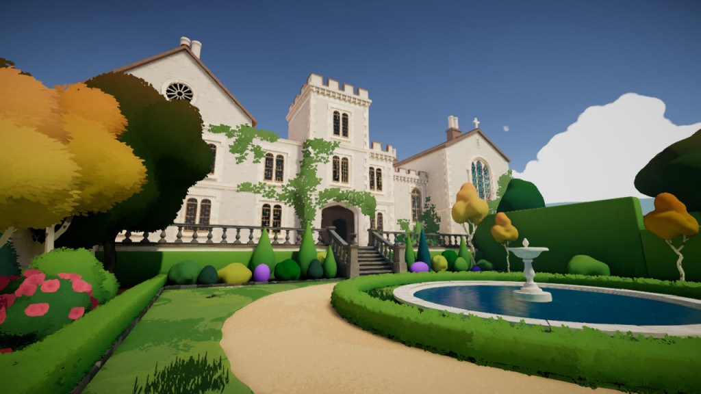screenshot showing a white manor house that looks similar to a small castle. In the front is a round blue pond with a white fountain. Surrounding it is a gravel path, green hedges and various plants and trees. It is all colourful and summery.