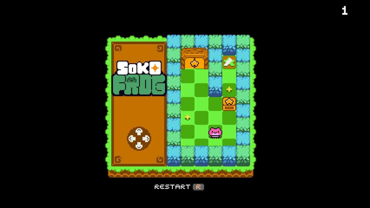 The first level in SokoFrog. It shows the tutorial on the right to move the frog as well as a short level to the level. The level is grassy with tall hedges. The frog is pink.