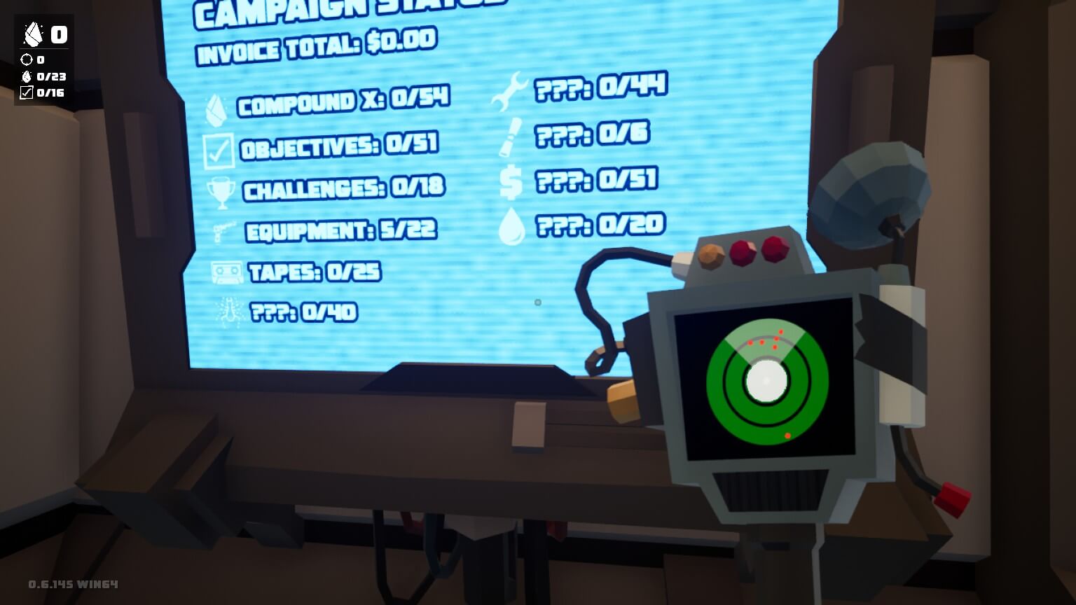 The board shows the amount of collectables in the game. Each one has a symbol and the ones that are filled with a question mark are undiscovered. I am holding the spider tracker and on it, it shows a few spiders nearby.