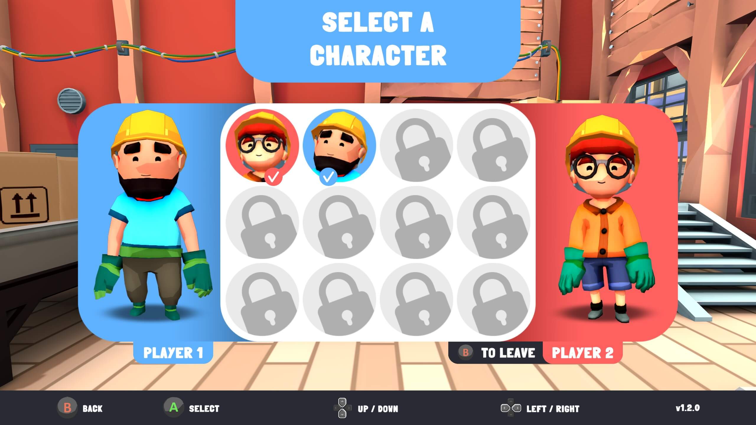 Playing in cooperative, two character models that you start the game with are on either side of the screen. With select a character at the top. In the background is a cartoon style factory