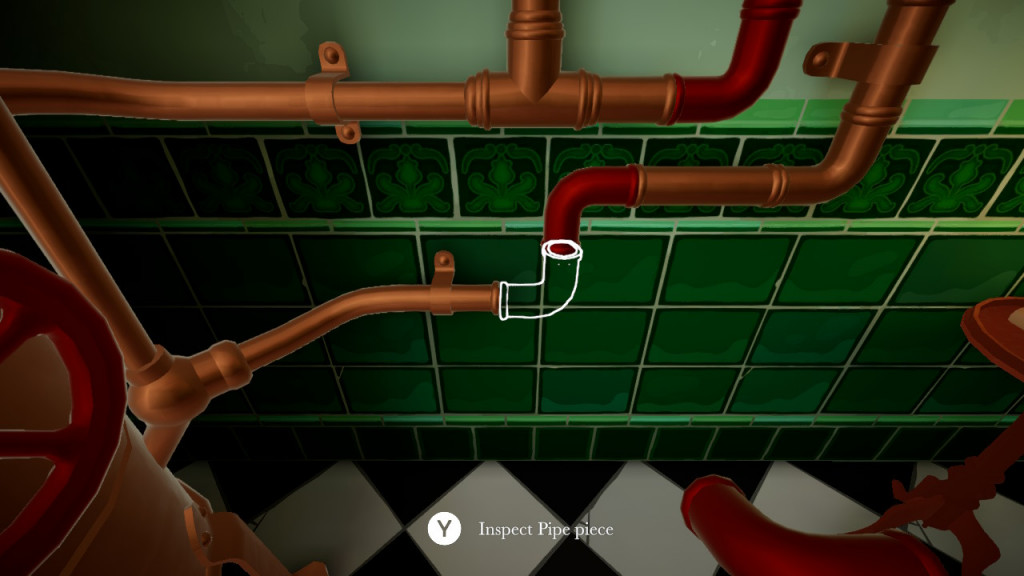 screenshot showing a pipe puzzle on a green wall within a bathroom. The water pipes need the missing pieces inserted into the correct spaces.