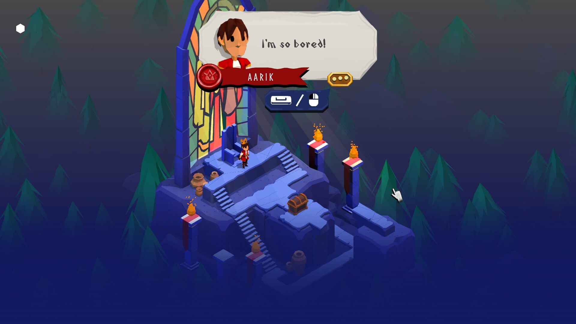 Aarik is standing in front of a throne. In a speech bubble above his head he says that he is bored, preceding the tutorial to help players learn the game controls
