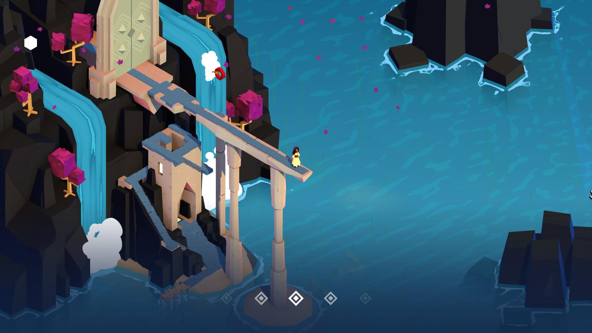 The female character stands at the end of a long pier, surrounded by water. She stands alone in front of a locked gate that the player has to unlock.