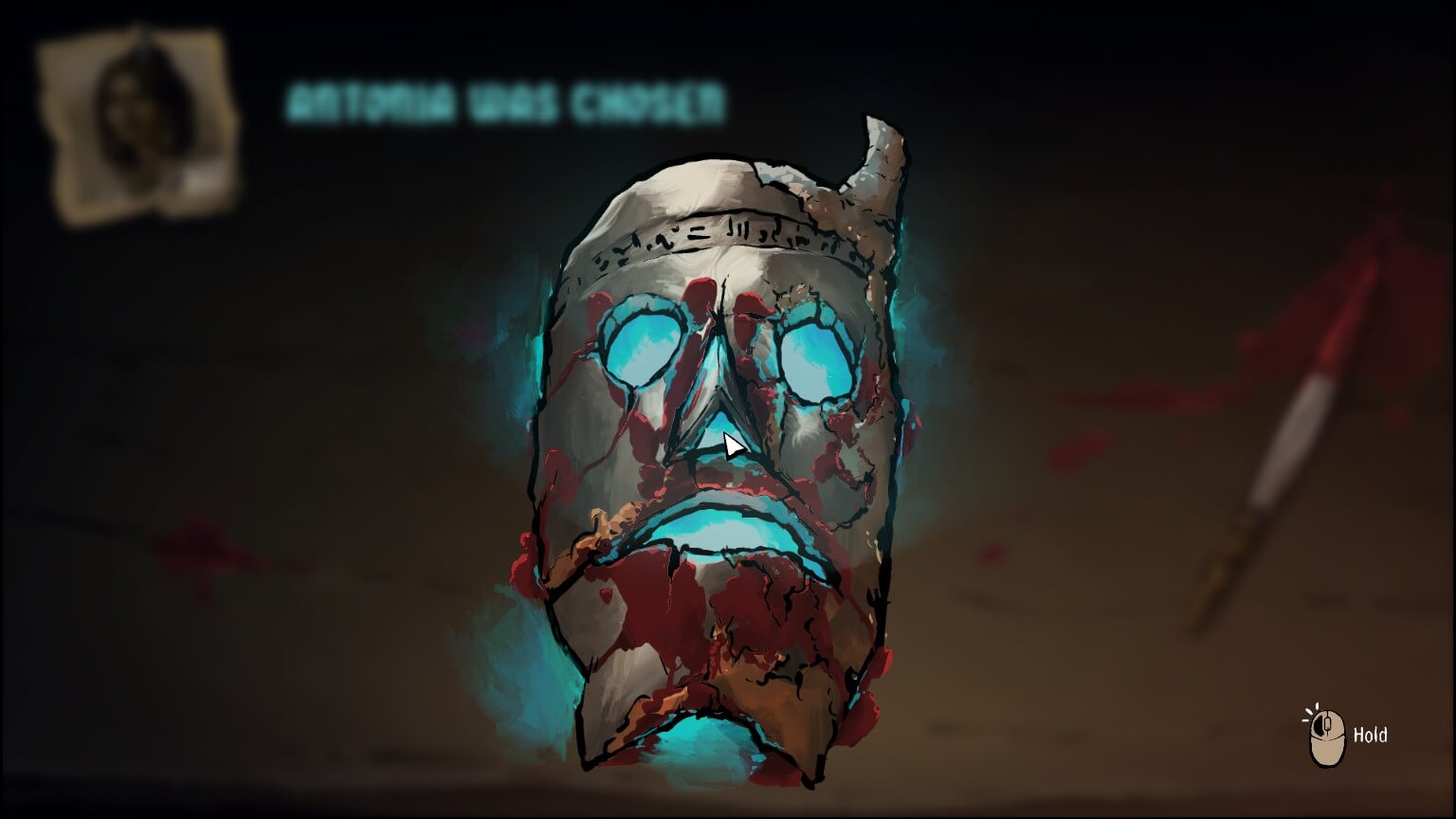 The mask the player wears during the game. It has runes engraved across the forehead as well as a horn protruding out of the upper left side. A hand print which looks to be made with blood is also visible. The mask itself gives off a ghostly blue glow.