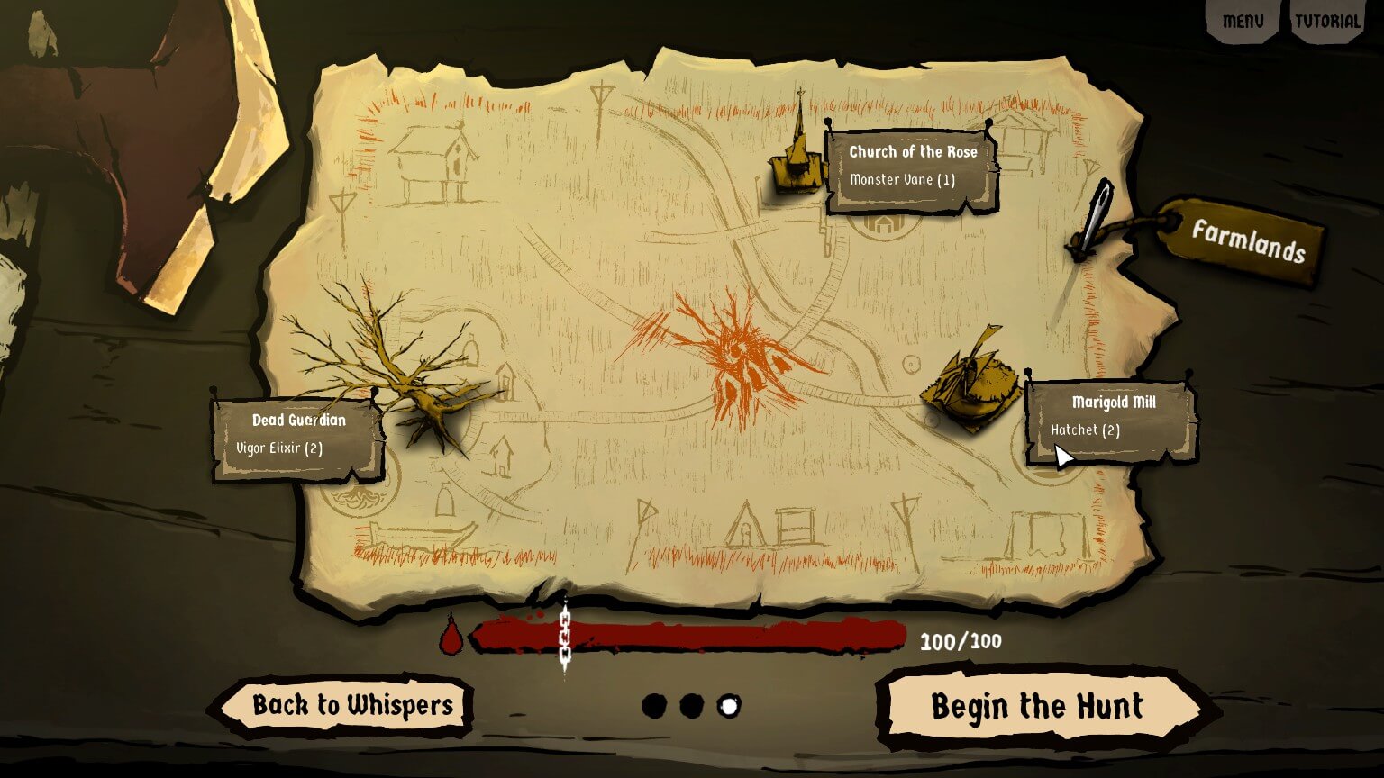 The map screen showing three landmarks, In the middle I assume is the effigy and the tag with Farmlands is the starting point.