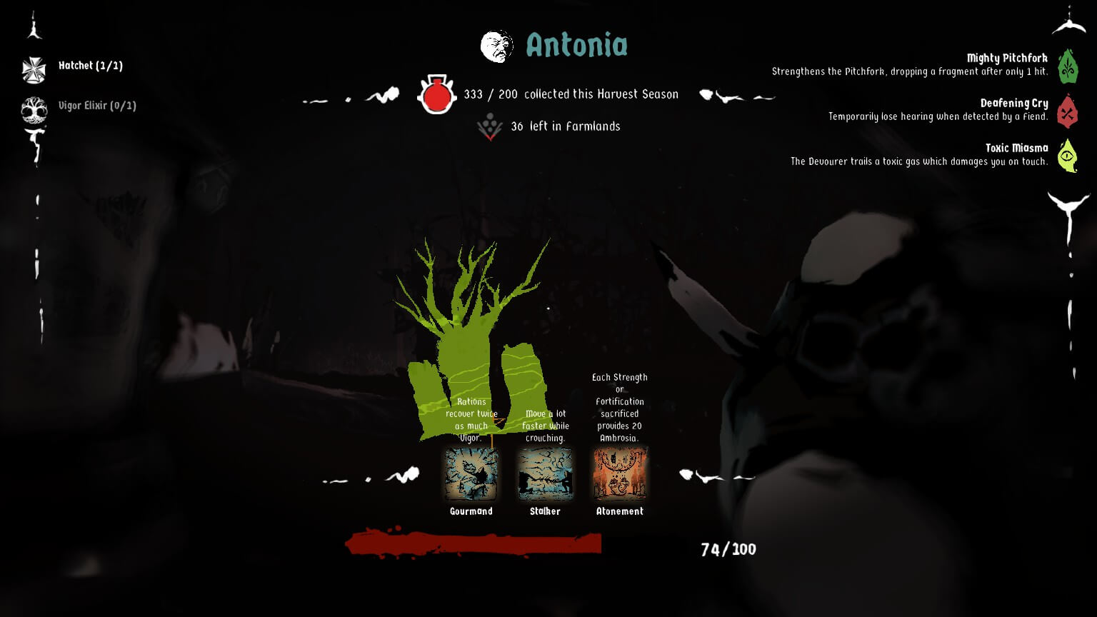 The mask vision. It does seem cluttered, but it displays everything for the player such as health, tools and where they are. The large green figure is the effigy where I need to banish the monster.