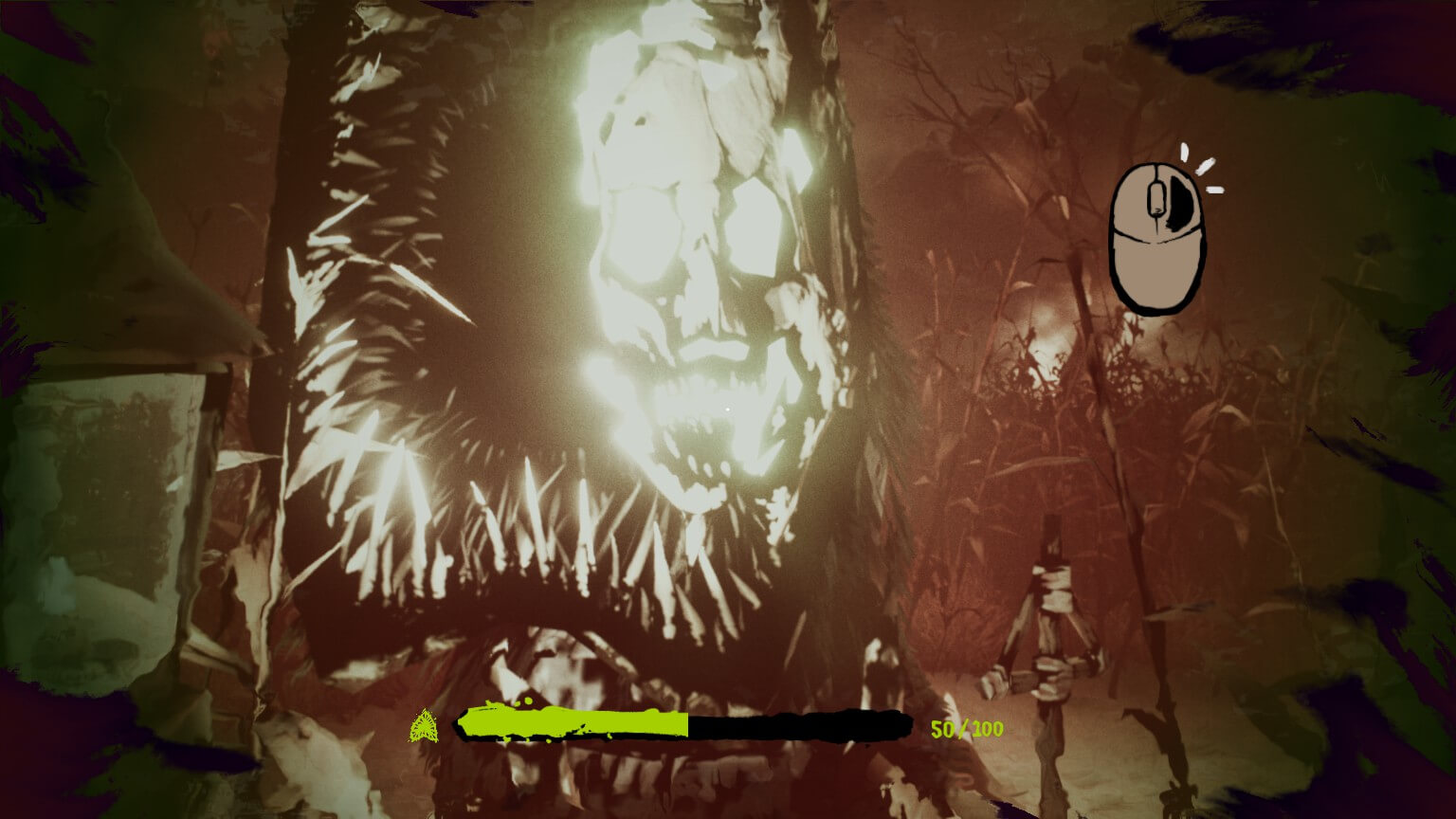 The Devourer has grabbed me and I'm doing a quick time event. The creature has a glowing head with cyst all across it. The bar below which is green is for my health bar.