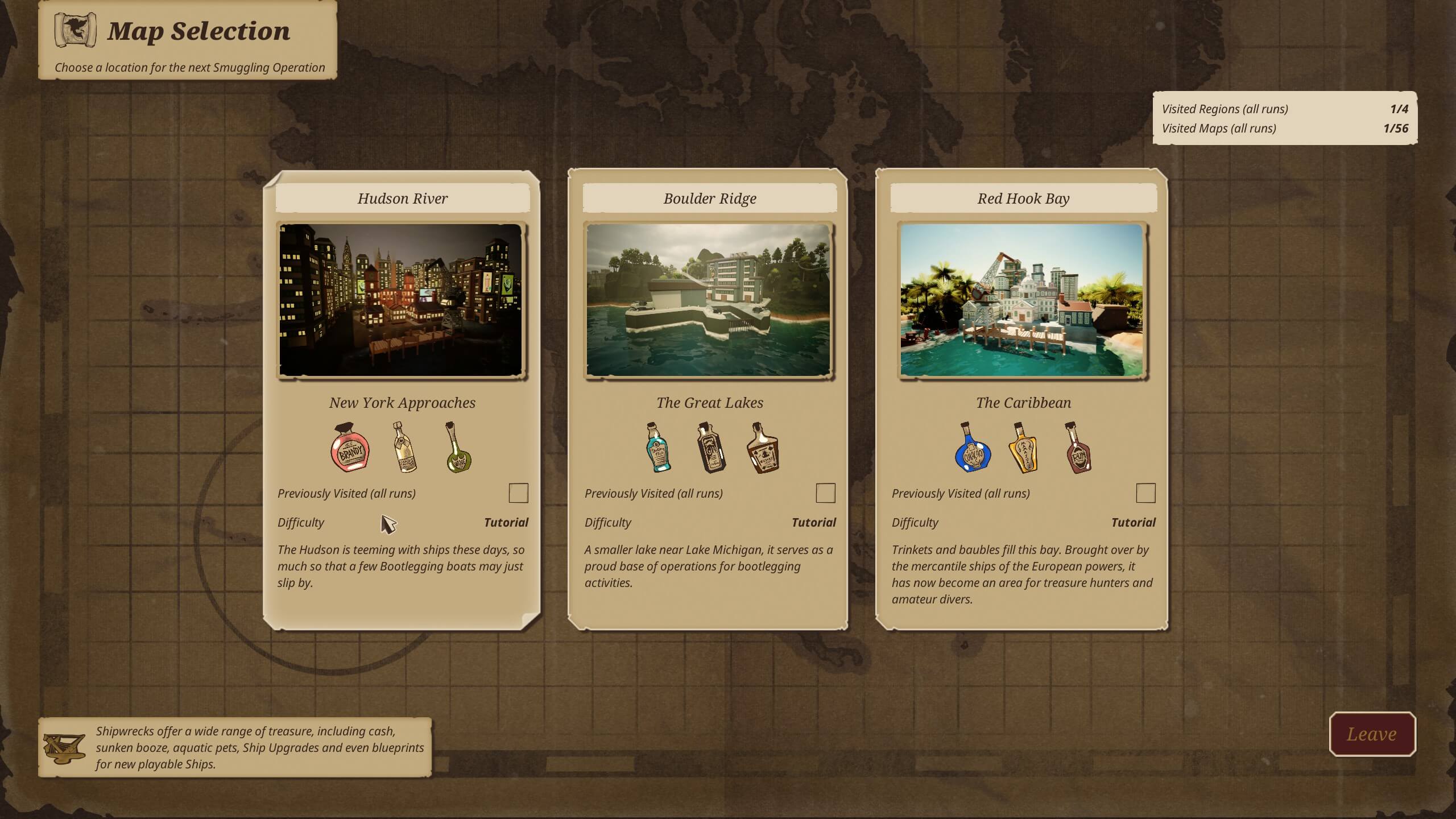 the game screen has a selection of three different maps, each with a different selection of alcohol that you can smuggle. 