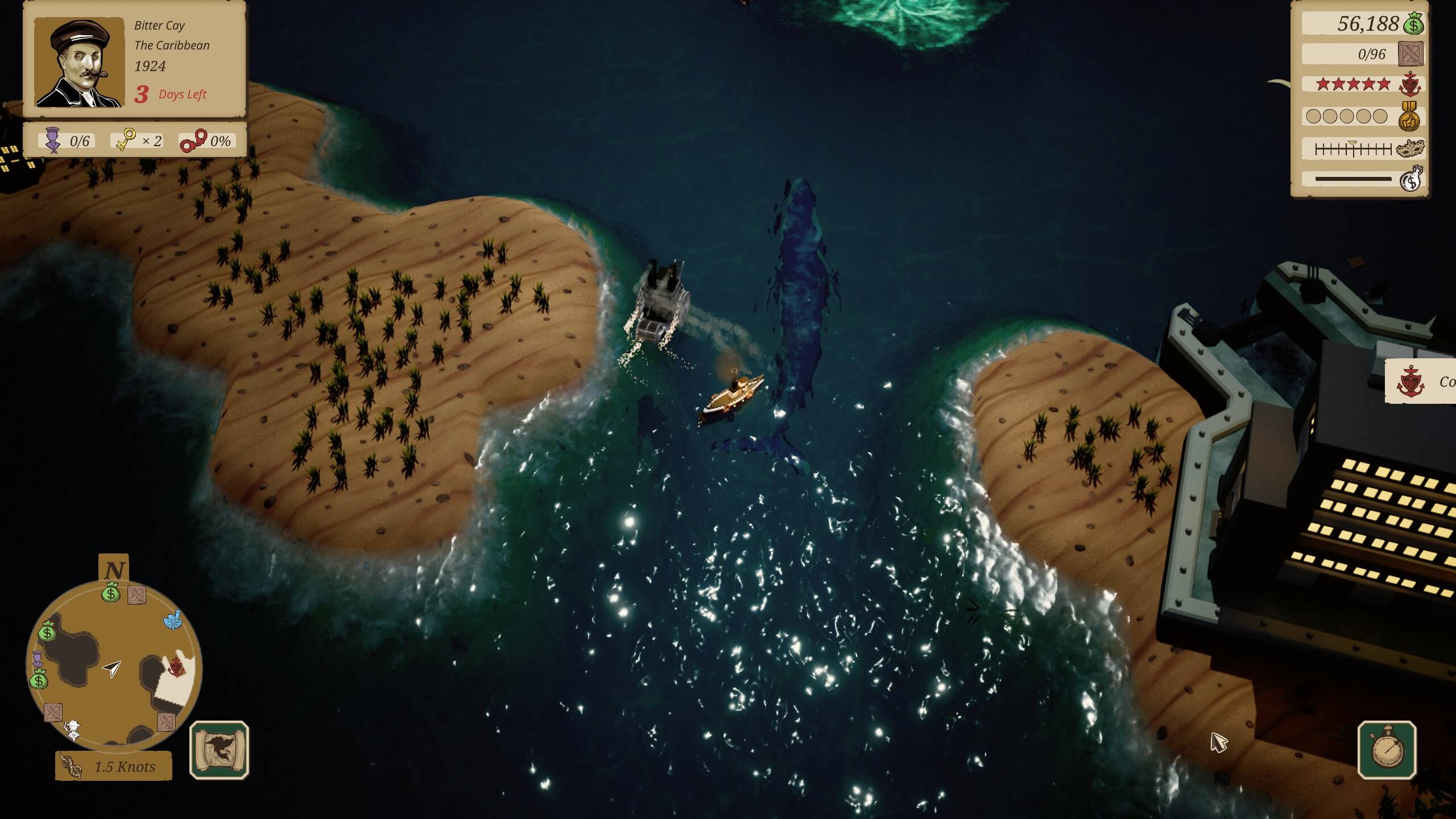 a game screen showing the whale under the water. there are two ships as well, one the user controller ship and the other an AI ship. land masses are either side of the ships