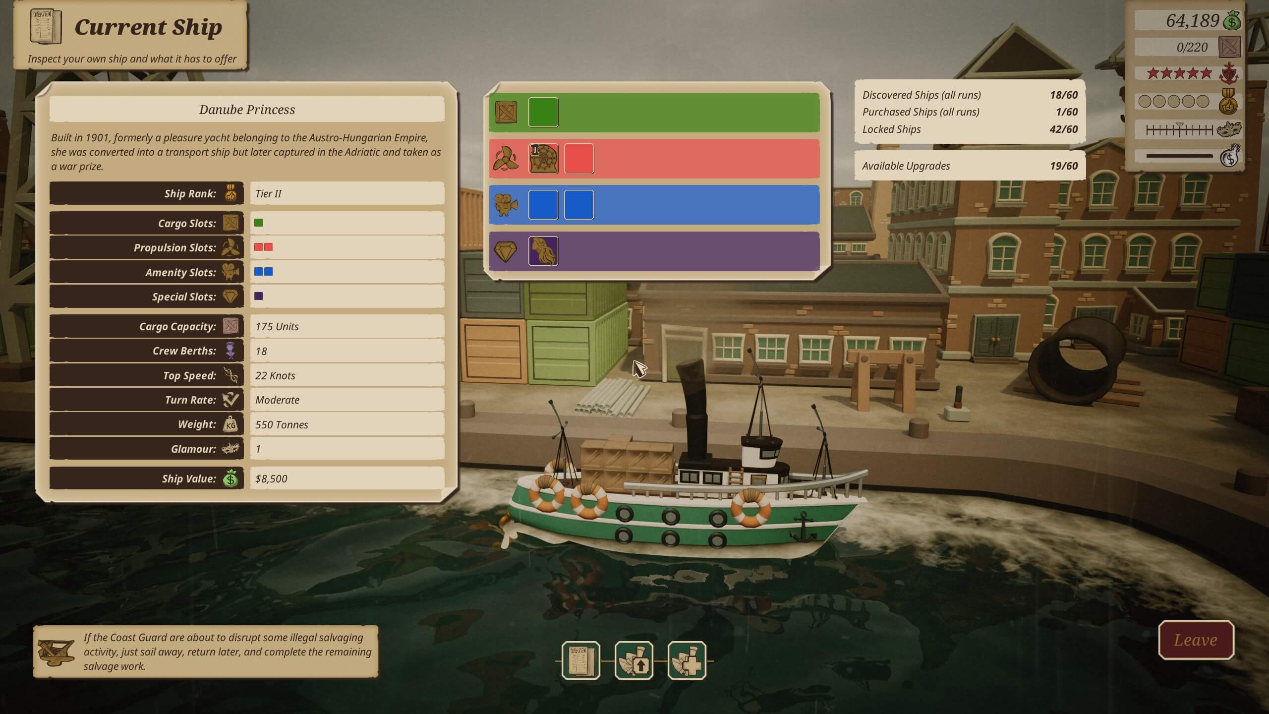 this game screen shows the ship upgrades, showing which tier of ship this is as well as which upgrade slots there. our ship is at the bottom and is a pretty green colour.