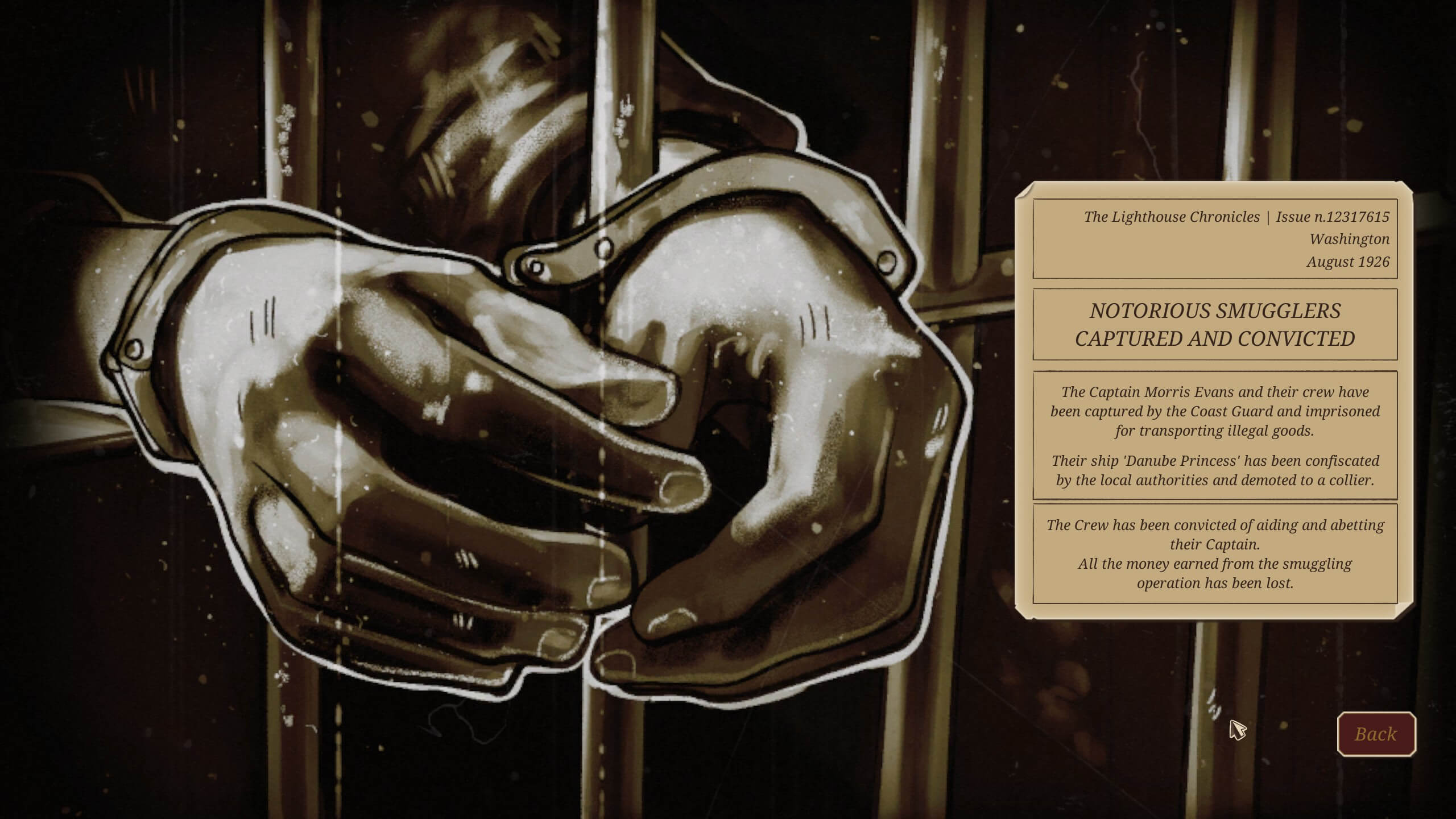 game screen where you have reached game over. this gives you an overview on whats happened to your crew as well as having a large image of hands behind bars