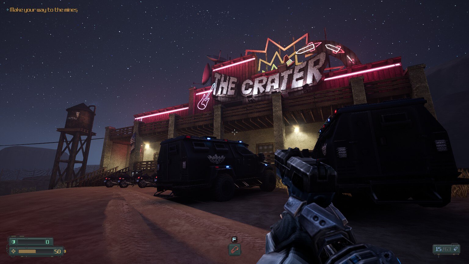 A shot of me just outside a bar in the desert called The Crater. Outside are two GDF vehicles, I also have my gun drawn as you can see my robotic hand.