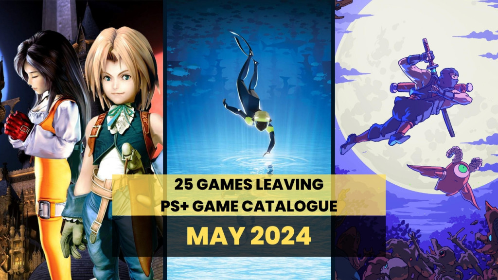 An image showing cover art for 3 of the 25 Games Leaving PS Plus Game Catalogue May 2024. On the left Final Fantasy IX, in the middle Abzu, and on the right The Messenger