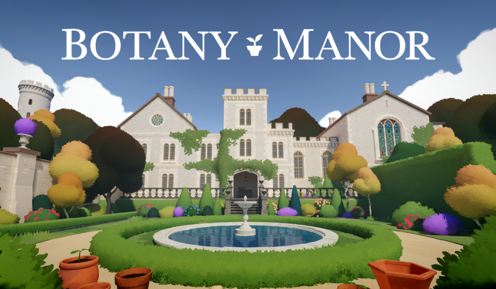 screenshot showing the logo "Botany Manor" in white writing across the top. Below is a beautiful landscape shot of the white manor house with the pond and gardens surrounding it.