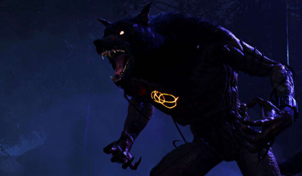 a wearwolf with his mouth hanging open, as he howls into the night.