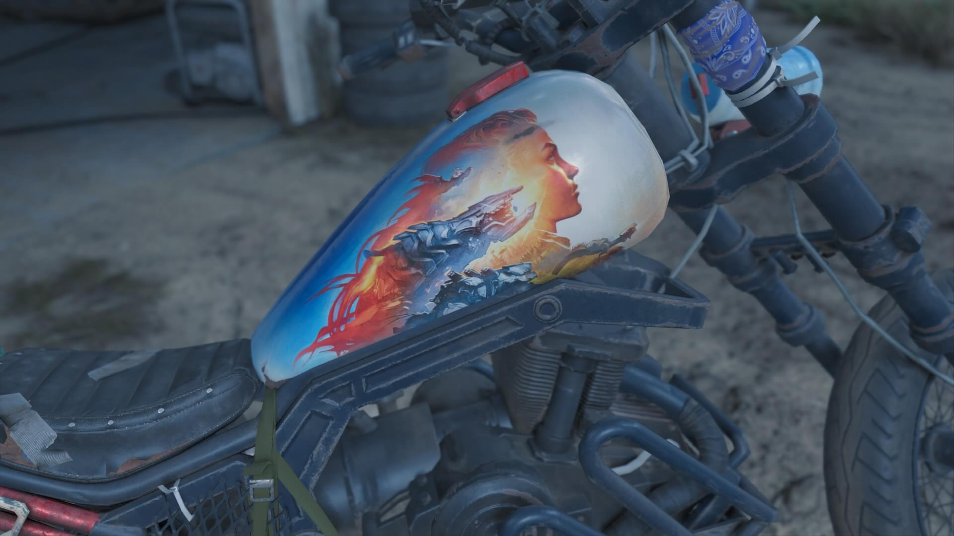 a motorbike with the fuel tank featuring a Horizon Zero Dawn design