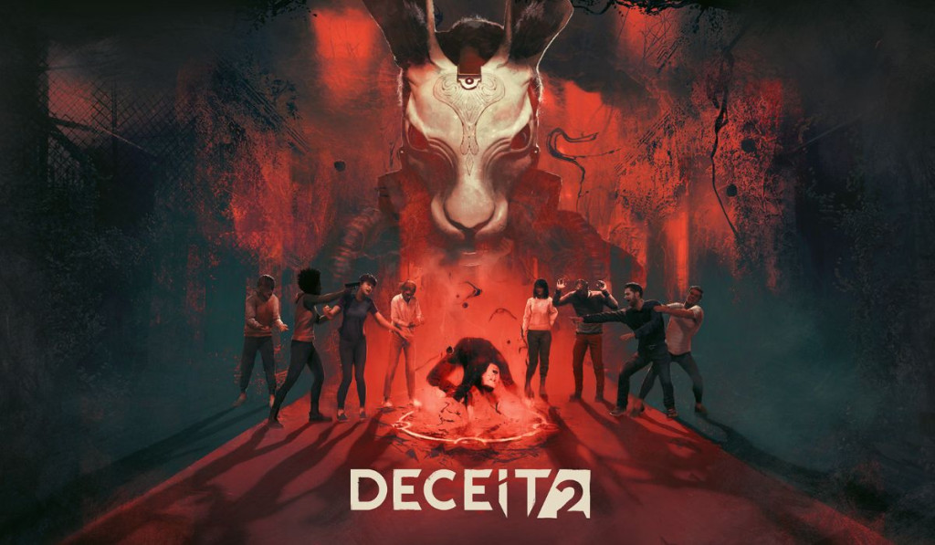 The cover art for deceit 2. A man wearing a bunny mask is centred with a scared player on the left and a menacing player threatening them on the right. the text "deceit 2" is visible.