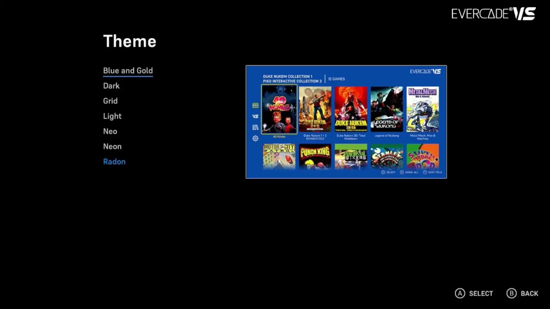 Theme selection menu for the Evercade VS showing available themes to customise the retro console