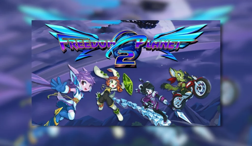 Animated characters Lilac The Dragon, Carol The Wildcat, Milla The Hound, Neera The Frost Knight jumping through the air with a dark cloudy full moon sky in the background. Overlaid is the Freedom Planet 2 logo in a blue and purple accent.