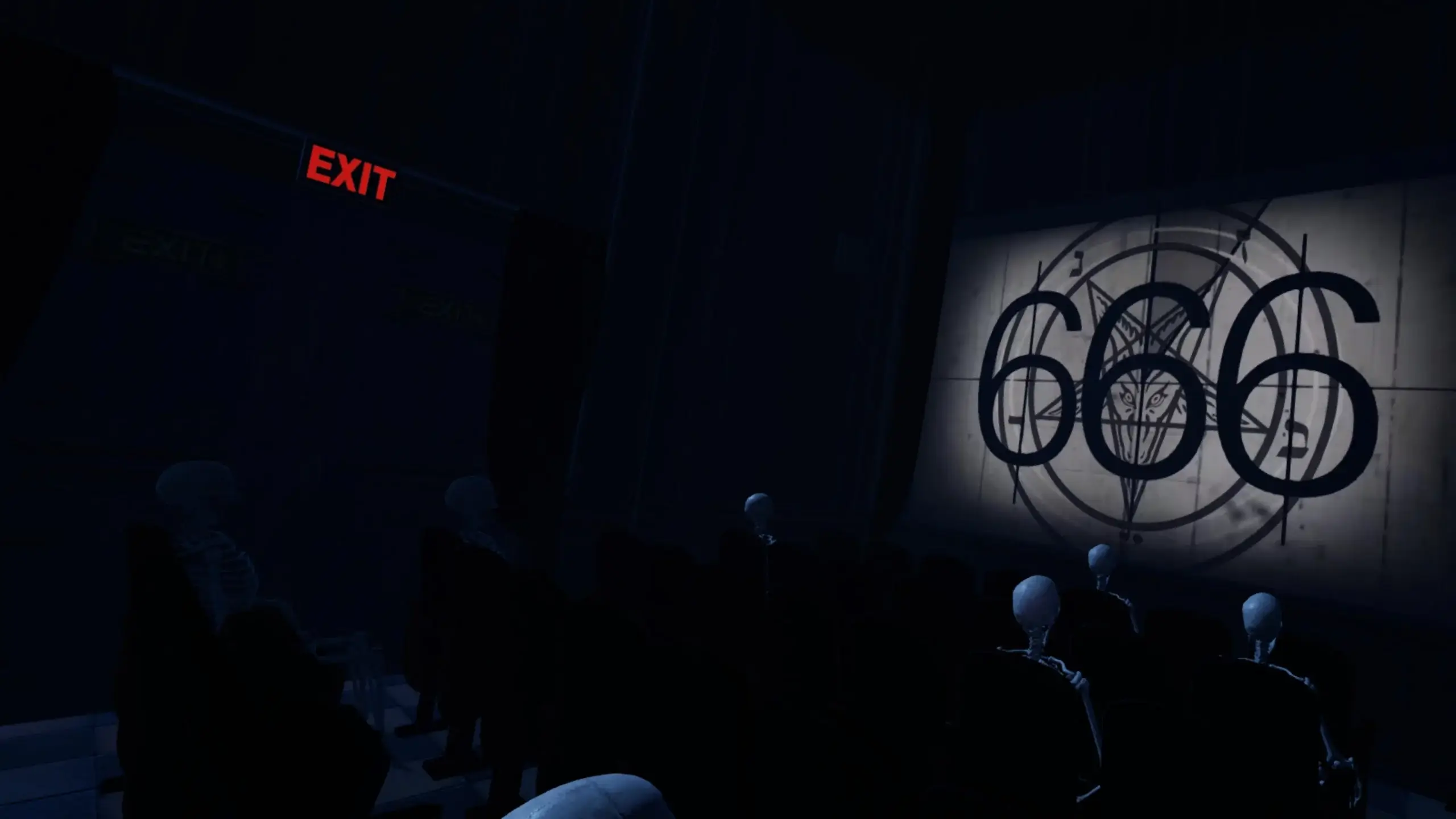 An Eerie cinema seat with animtronics facing a screen which is lit up and has the number 666 in a large print. The cinema is dark with the only lighting coming from the lit screen and the word Exit is noticable in a red font.