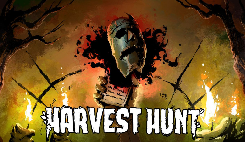 The feature Image for the game Harvest Hunt. It shows a hand with black gas coming out of it and a mask. there is a candles besides the title texts