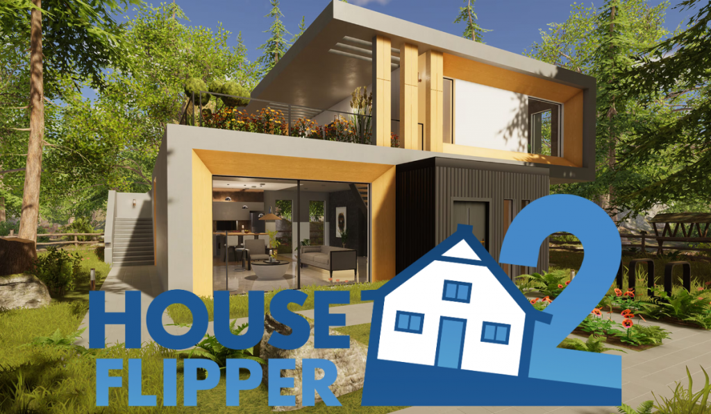 A fancy looking modern architecture design house with blue sky above and set in a weeded area. The House Flipper 2 logo is overlaid on the foreground