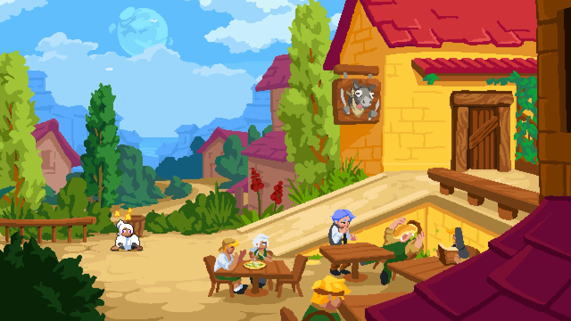 pixelart scene from new game Nanuka inspired by the Sicilian landscape with characters going about their daily lives 