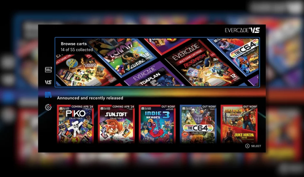 The New Evercade features showing a library function on thre evercade VS. The library diplays box arts and deatils for all available and upcoming cartridges for the retro gaming system