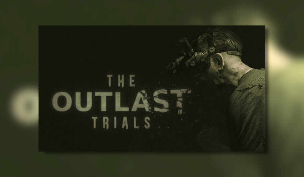 The featured image for the game The Outlast Trials. The picture shows a man on the right wearing goggles that have been surgically attached to his head. The man himself seems to be screaming in anger or pain towards the title. The overall picture has a night vision effect which is one of the game's signature mechanics.