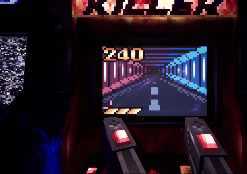 A gif of me playing the on-rail-shooter called Turbo Killer. The bottom left is me moving the light gun and then shooting the oncoming targets.