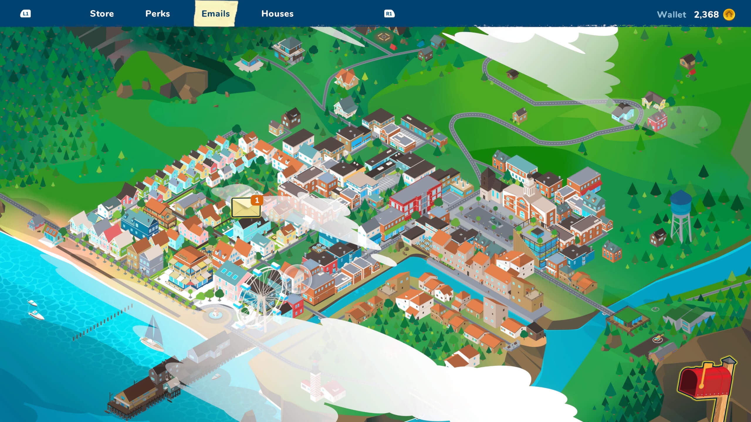This shows the map of Pinnacove. There are clouds in the sky and below is multiple houses. At the top of the picture is a blue bar with different options and the amount of money in the players wallet.