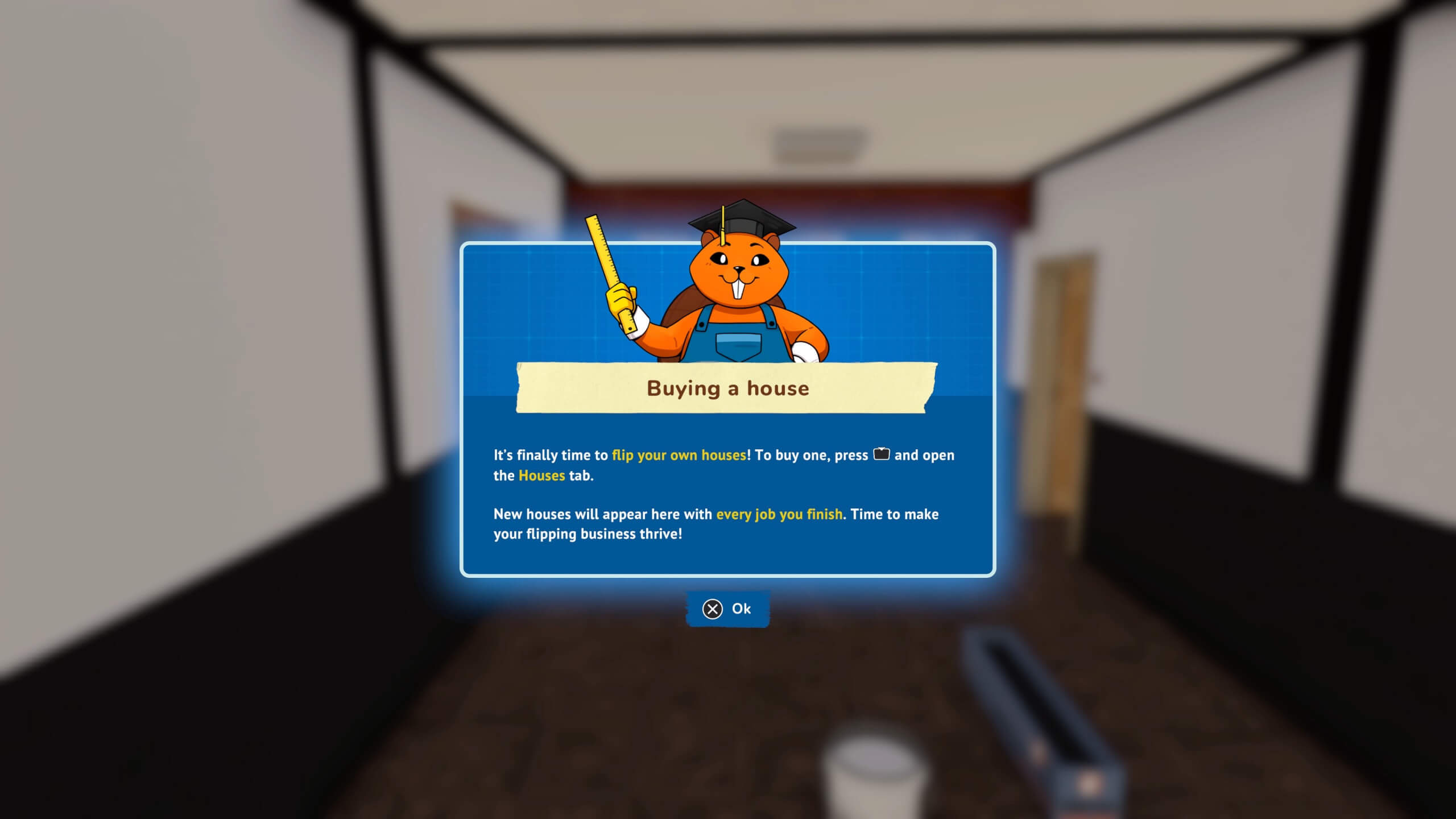 A notification appears on the screen that now allows the player to buy and flip their own houses.