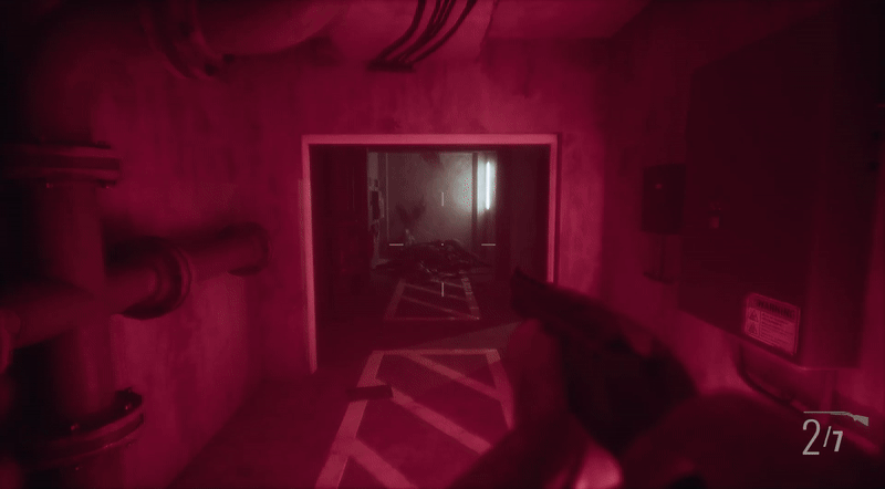 A gif of me walking down a corridor and look at a pile of bodies. The corridor I leave is tinted red and I'm holding a shotgun.