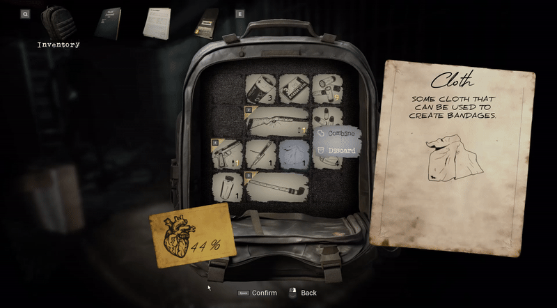 A gif of me showing how to combine items and the storage the player will get to use in the game.