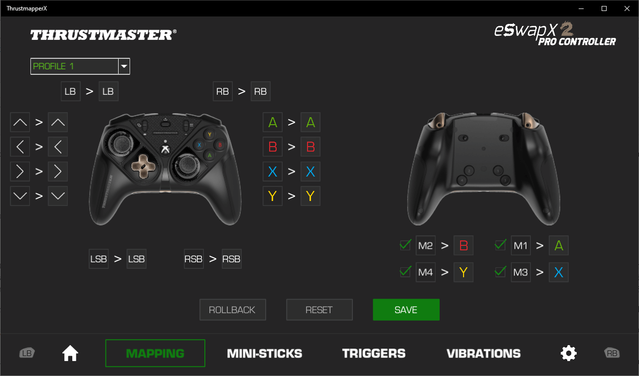 a screenshot of the thrustmapperx software showing off the ability to switch buttons around and create profiles on the software