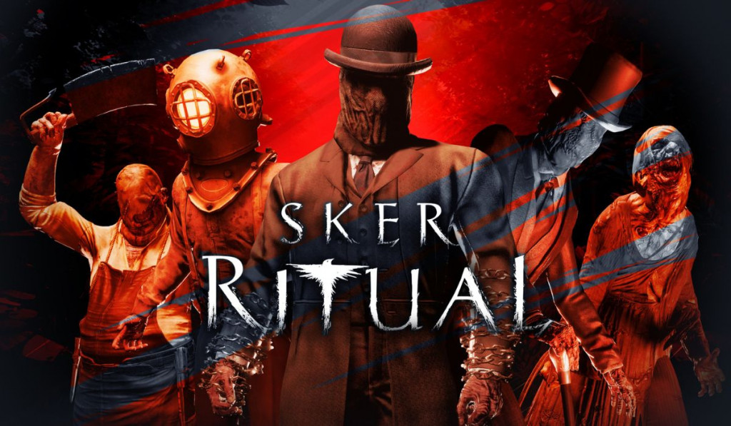 The feature image fir the game Sker Ritual. The title has a symbol of a cross instead of the letter T. The right side has a few characters from the game, some are mobs the player will fight but the one with the bowler hat is Abraham. Behind them all is the same symbol but more zoomed in and seems to be a bird. The main colour of the image is a mix between red and orange.