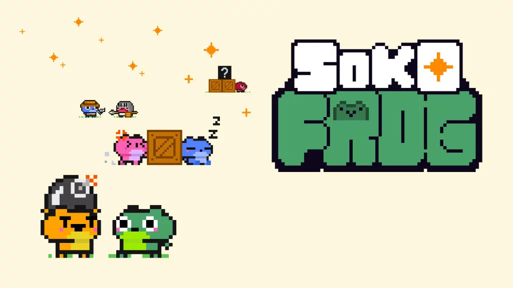 The key art for the game SokoFrog. You can see several frogs interacting with items or each other on a cream-coloured background. The title is in white and green in block, pixel text
